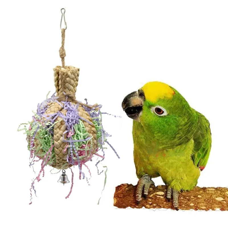 Parrot straw rope toy made from straw paper, approximately 15cm diameter and 23cm long
