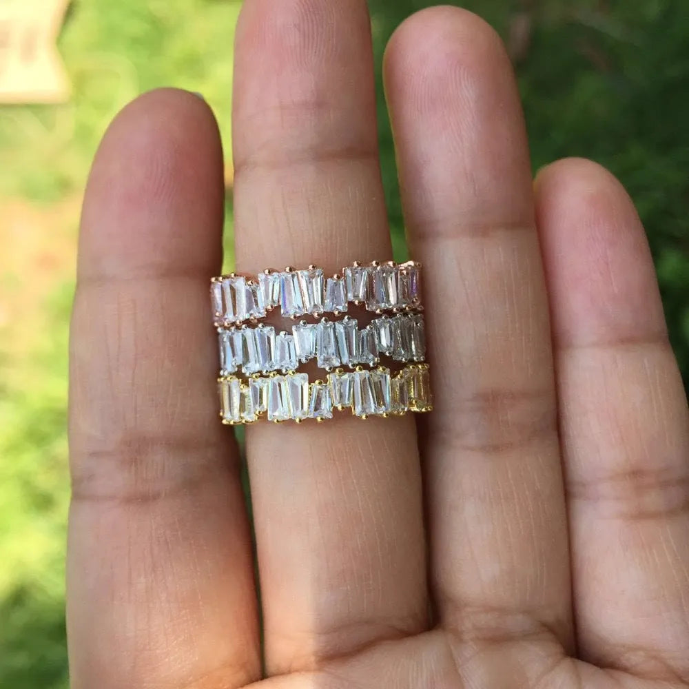 Women's geometric copper ring with micro inlaid AAA zircon in white gold plating, side view