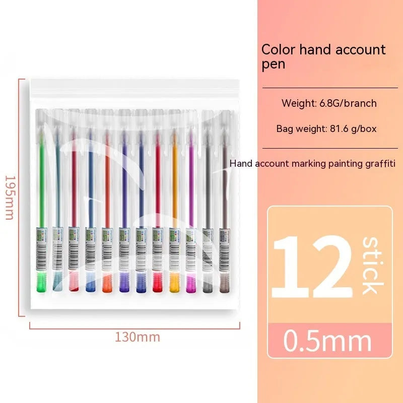 Boxed set of twelve coloured gel pens with 0.5 mm fine tips on a white background