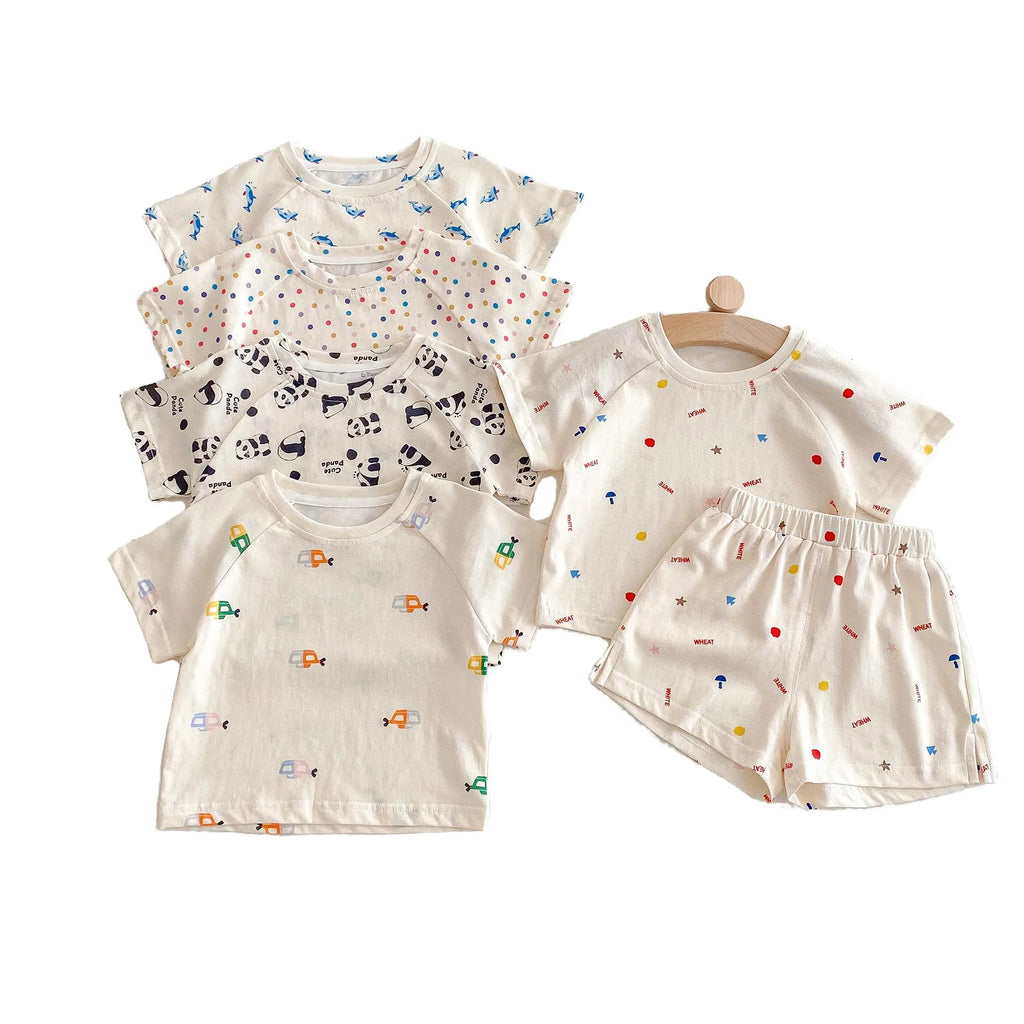 Baby summer cotton two-piece set with cartoon T-shirt and shorts in submarine print