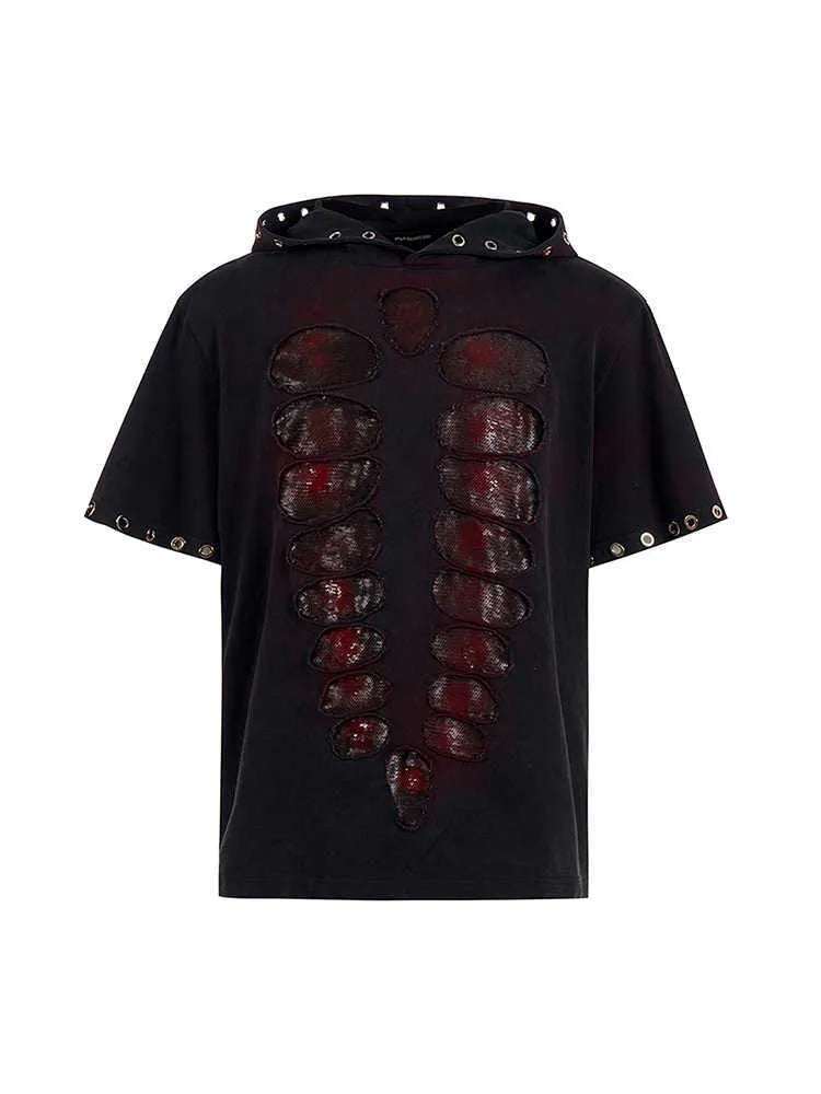Black men's loose-fit hooded short-sleeve T-shirt with sequin detailing.