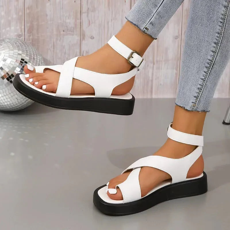 Women's casual thick-soled clip toe sandals with back buckle strap in beige, round toe design
