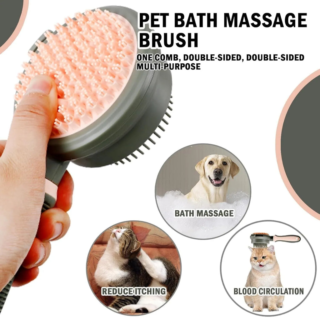 Green and pink double-sided cat brush with release button and a separate flea comb on a white background.