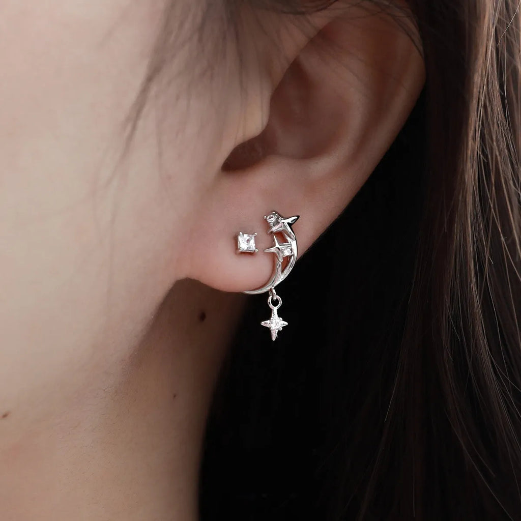 Track zircon ear studs in S925 sterling silver with white gold electroplate finish, star shape design for women