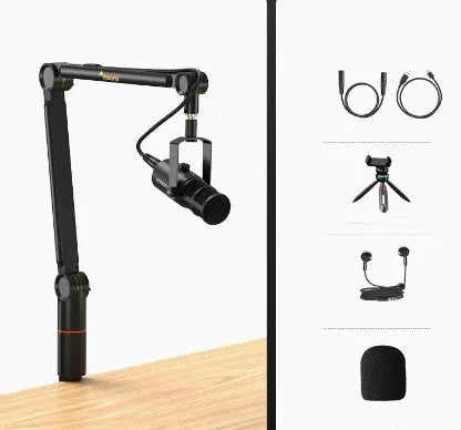 XLR USB dual mode moving coil microphone with stand, Cannon cable, USB cable, headset and dust cap for live broadcasting