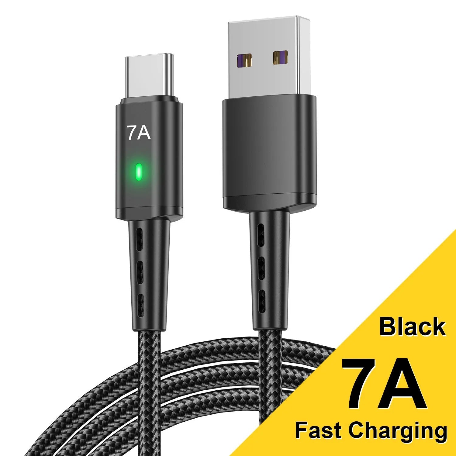 7A braided USB-C charging cable in 2 metre length with aluminium alloy connector, black colour