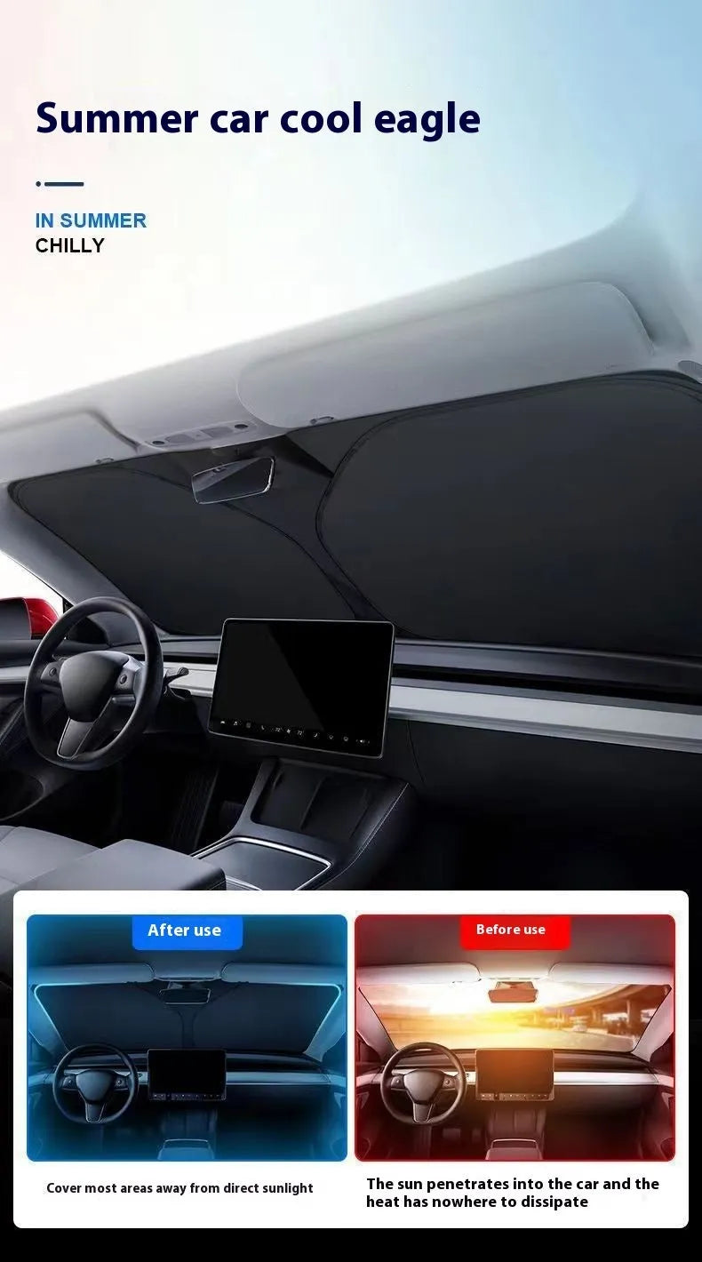 Titanium silver aluminium foil car sunshade folded, showing reflective surface and size options for windscreen heat protection.
