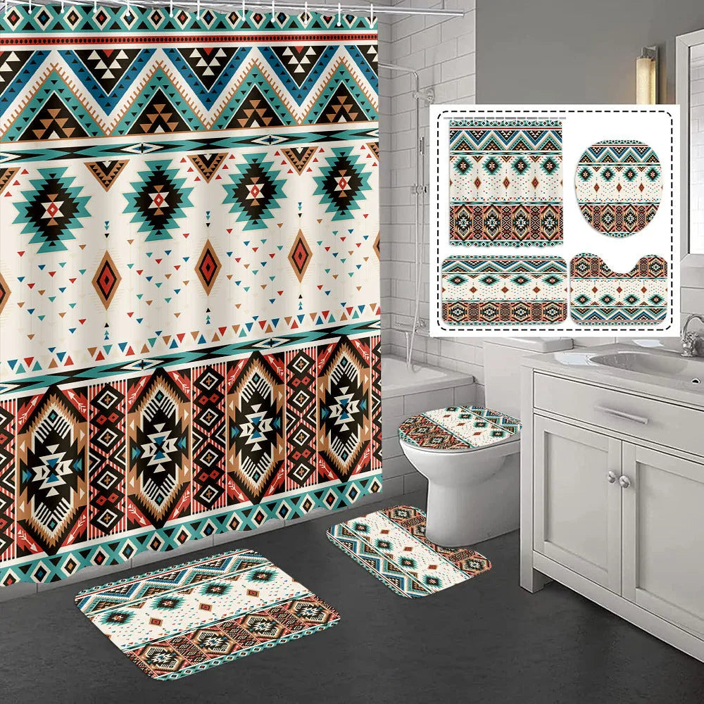 Bomi printed polyester shower curtain and anti-slip floor mat set in modern simplicity style, multiple colours
