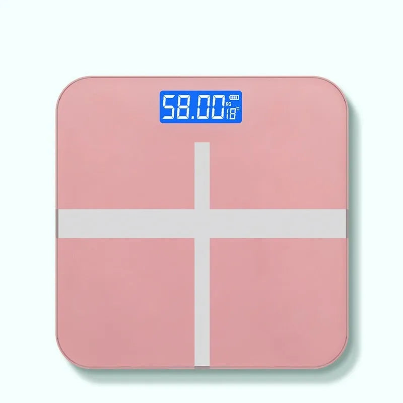 USB rechargeable electronic bathroom scale with cross pattern in black, rose red, or white colour options.