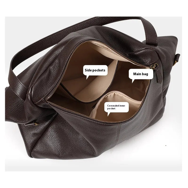 Brown genuine leather women's shoulder bag with horizontal square shape and internal organisation compartments