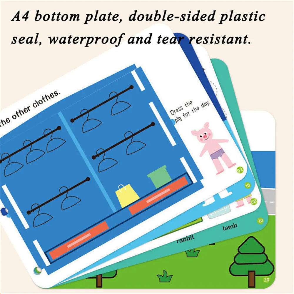 Montessori paste quiet book for infants with 15 themes and metal construction