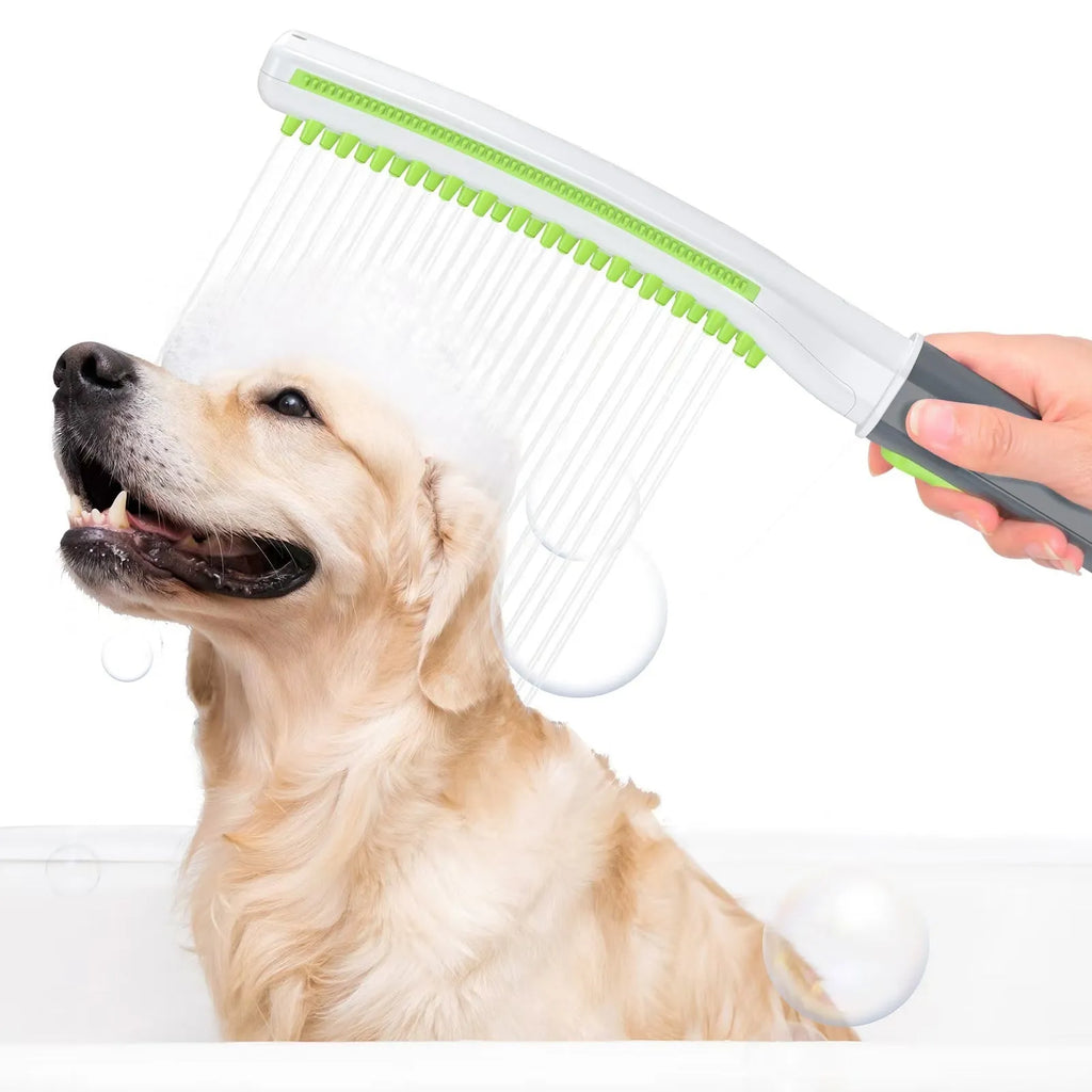 Pet bathing brush showerhead for dogs with ABS plastic handle and soft bristles in blue and gray colour