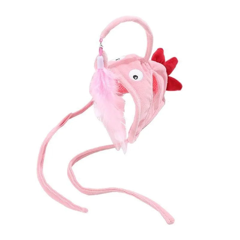 Grey headband cat toy with big-eyed fish teaser on adjustable 24-30cm band for hands-free feline play