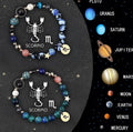 Set of two natural stone beaded bracelets showing different zodiac sign designs on a neutral background.