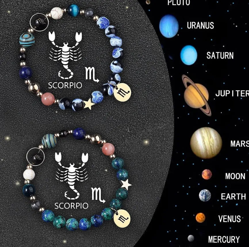 Set of two natural stone beaded bracelets showing different zodiac sign designs on a neutral background.