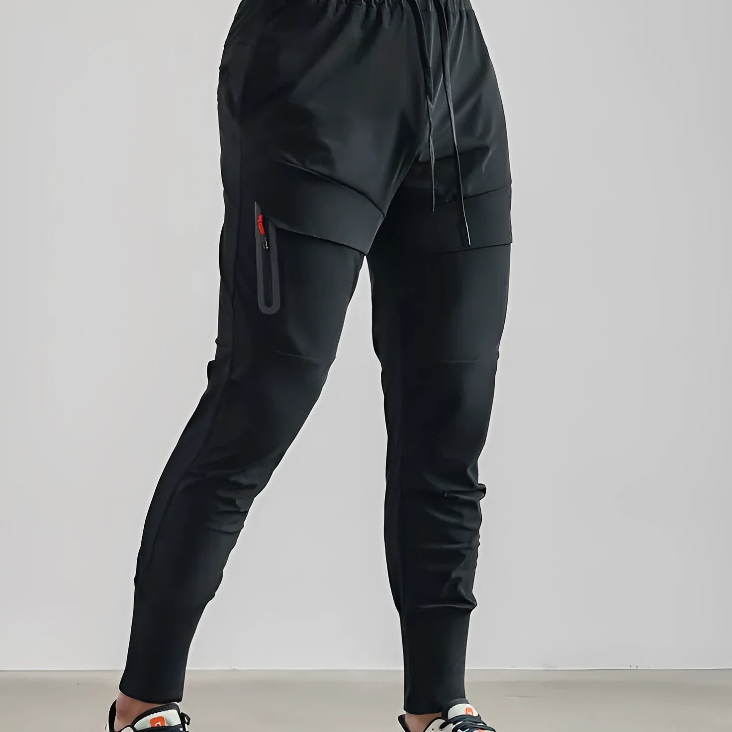 Men's solid colour polyester jogger pants in black, mid-waist micro-elasticity sports trousers for autumn leisure.
