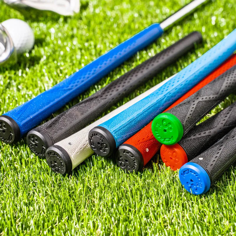 TPE golf club grip in assorted colours including pink, red, blue, white, and black with coloured heads.