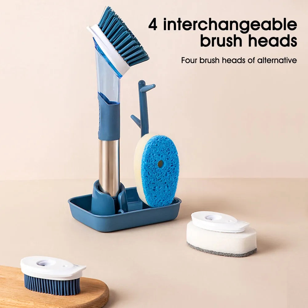Multifunctional kitchen dish brush with soap dispenser and long handle in blue