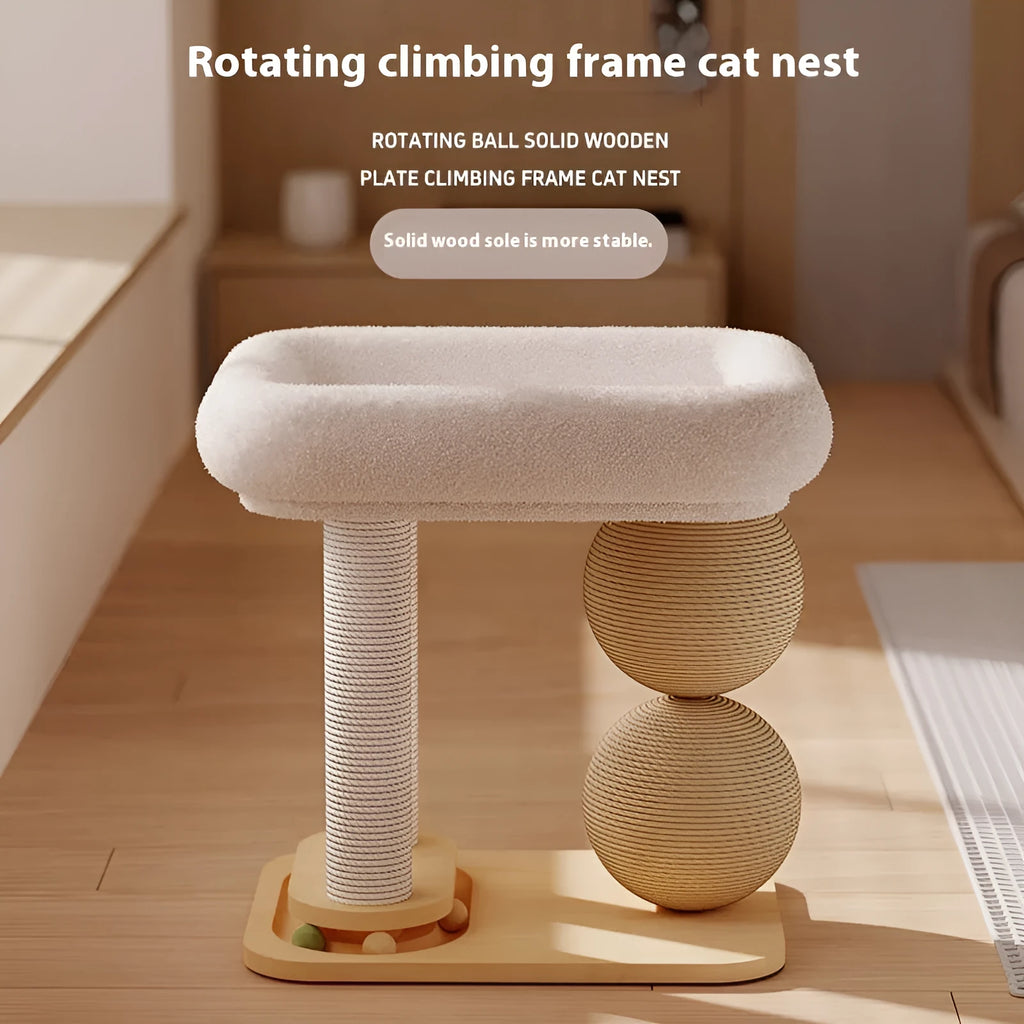 Pine wood cat scratching post and bed with sisal surface and a removable summer sleeping mat.