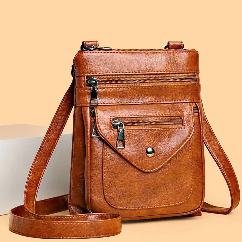 Vertical square crossbody mobile phone bag in PU leather with decorative sewing lines