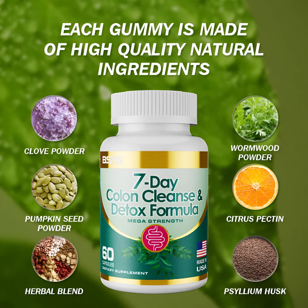 Bottle of 7-Day Colon Cleanse & Detox Formula capsules, dietary supplement for a 7-day cleansing routine