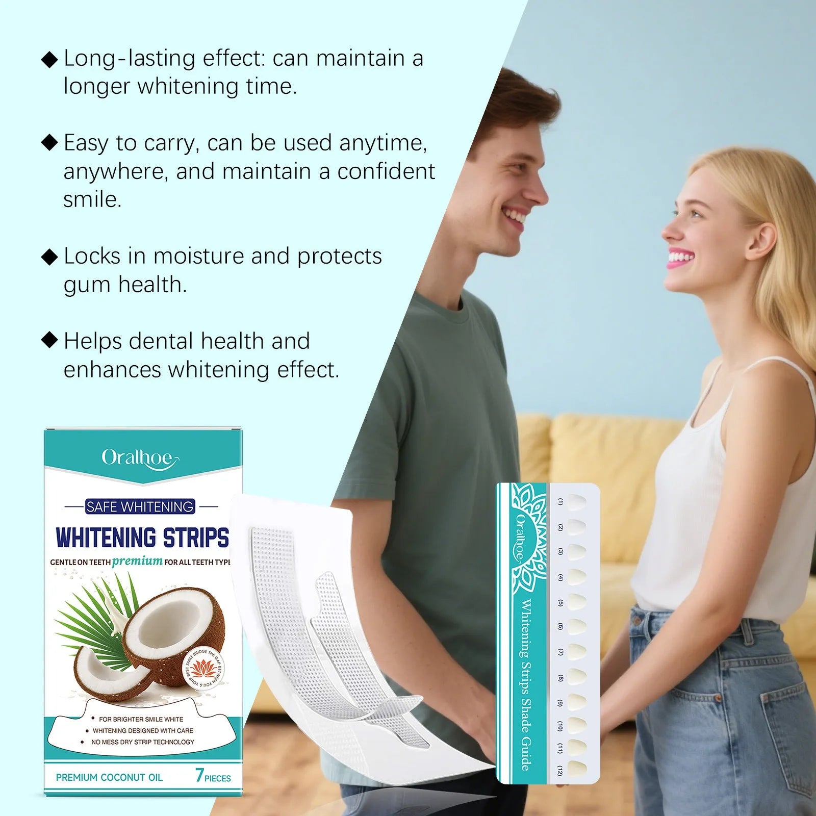 ORALHOE teeth whitening strips set with colorimetric card in a white and blue pack