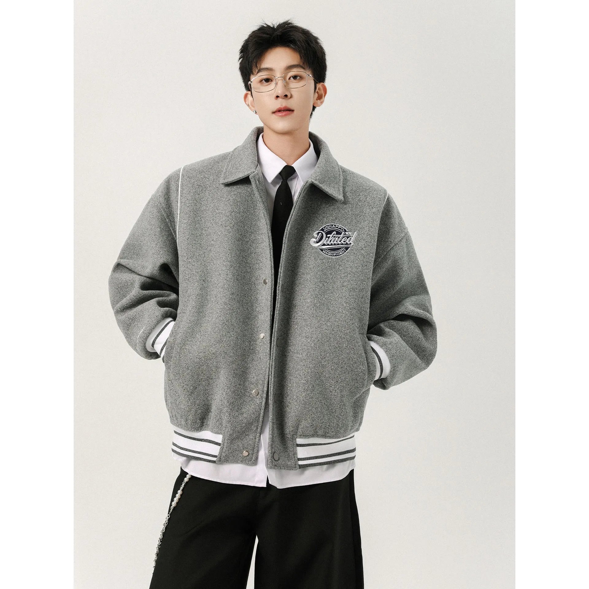 Men's casual patchwork vintage jacket loose fit striped Flower Gray with stick pocket