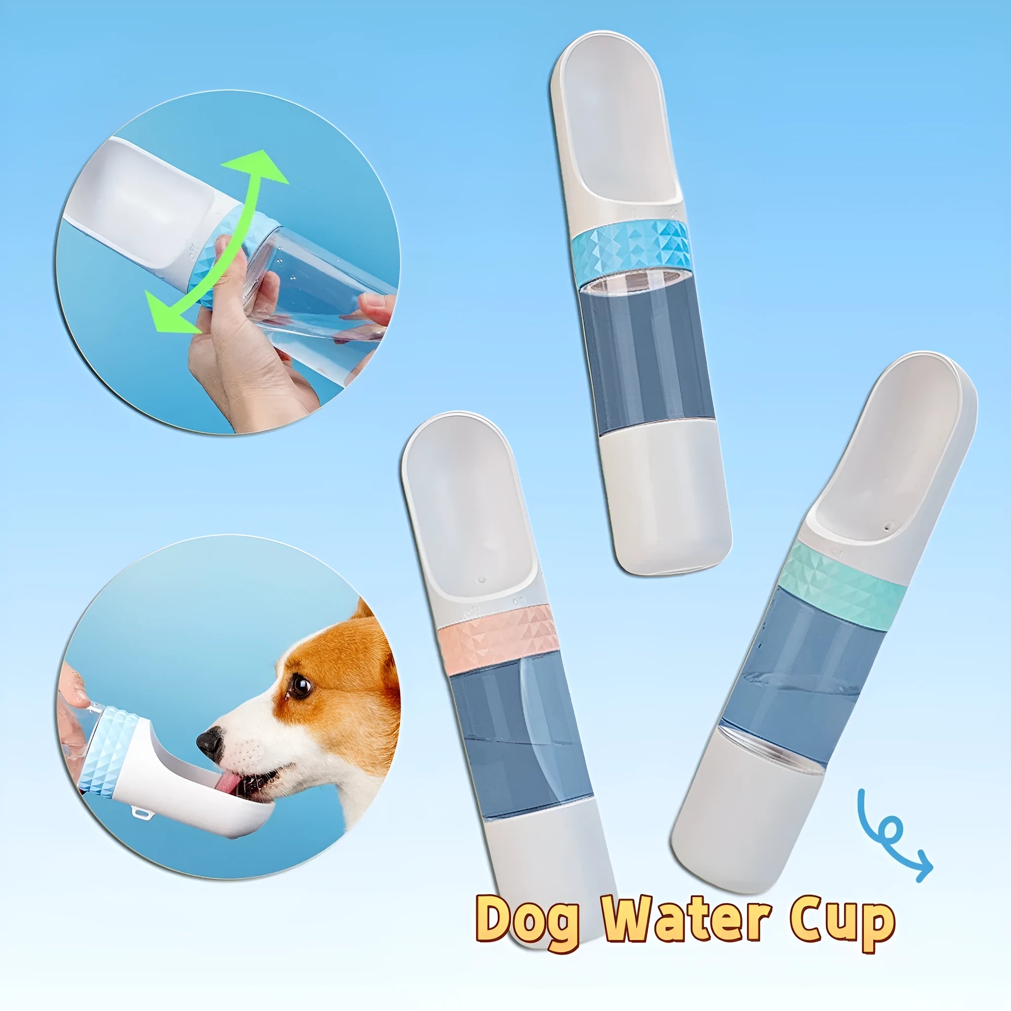 Portable dog water cup in blue with one-click lock and attached drinking bowl, made of food-grade ABS plastic