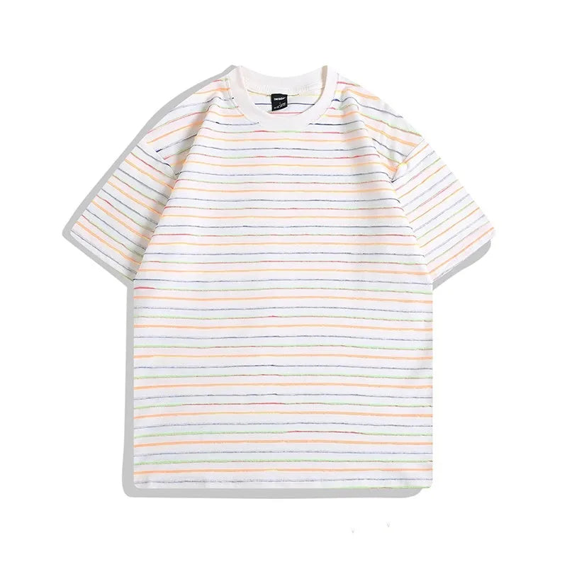 Loose fit striped half sleeve t-shirt in apricot, black, yellow, grey or pink colours