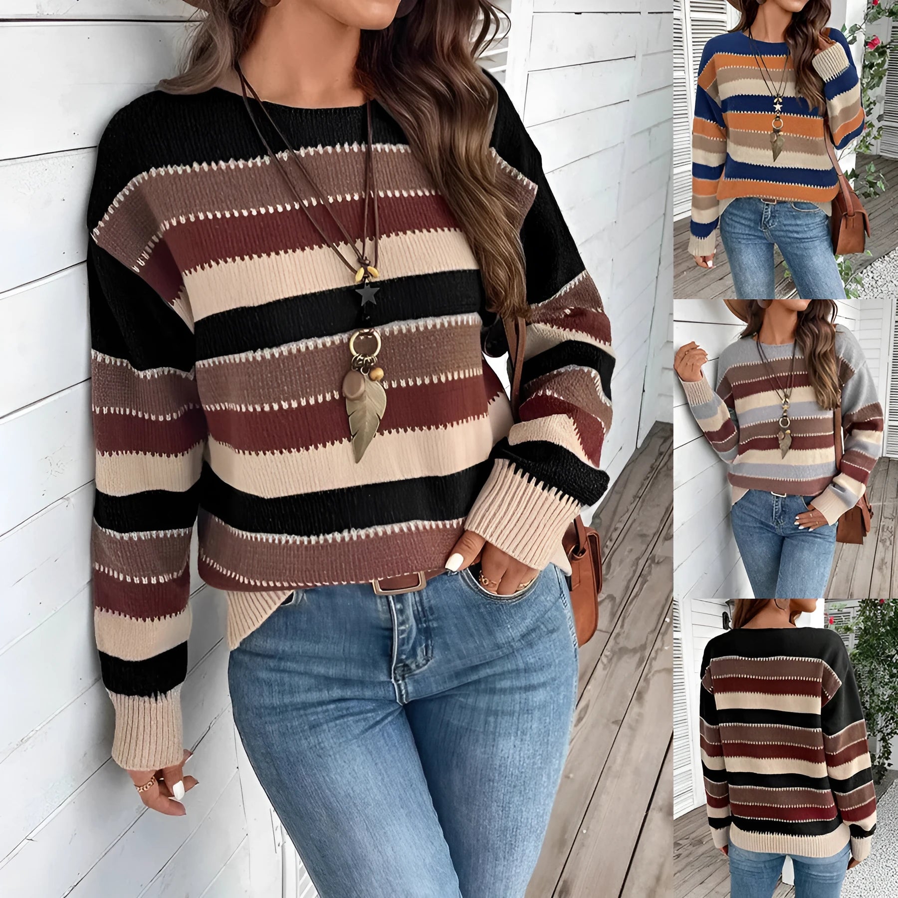 Women's striped colourblock pullover sweater in polyester, shown in black, blue, and grey.