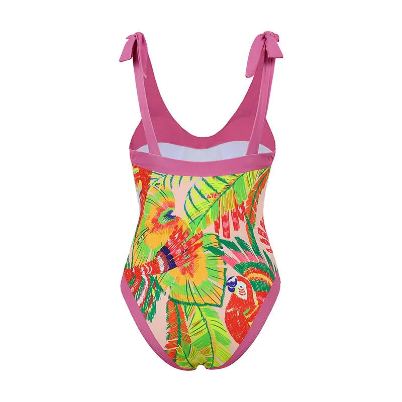 Retro floral print one-piece swimsuit with V-neck design and thin attached skirt