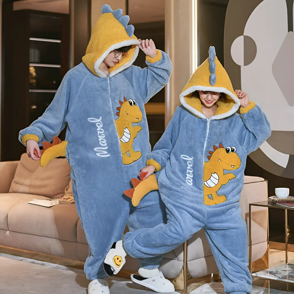 Winter couple pyjama in coral down fabric conjoined one-piece design with long sleeves and cap collar