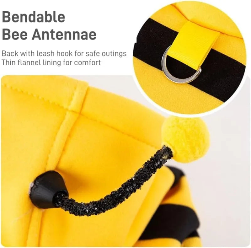 Yellow and black bee antenna hoodie for dogs and cats with flexible hat antennae and soft flannel lining