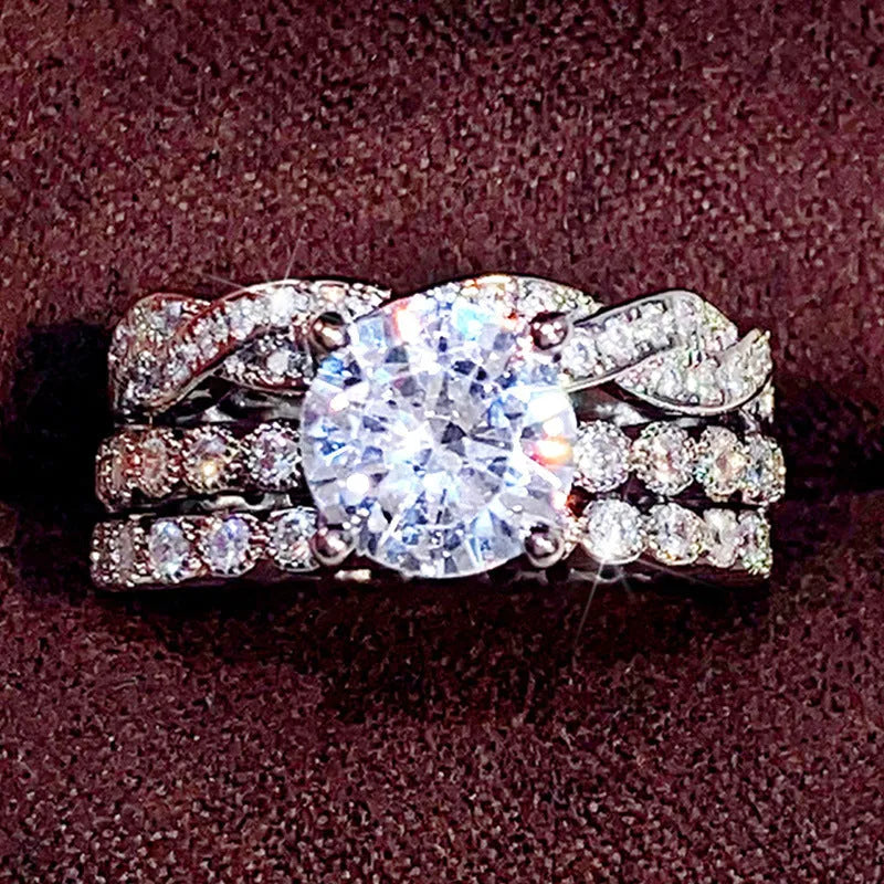 Three ring set copper zircon geometric design Q147 white gold colour for women sizes No.6-10