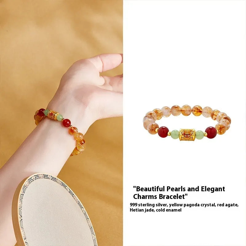 Yellow Chinese bracelet with red agate, Hetian jade, crystal, and sterling silver beads 8mm geometric design