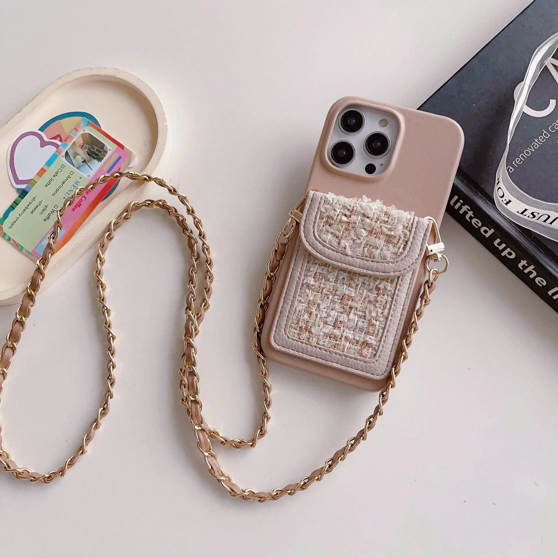 PU leather crossbody chain card holder phone case for iPhone, woven pattern, frosted finish, black colour option