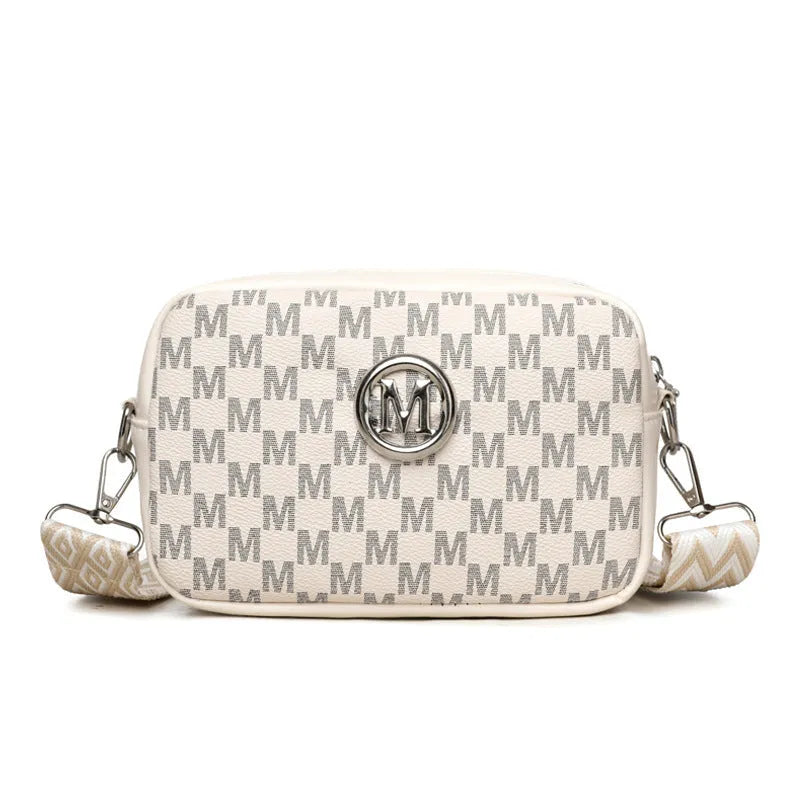 PU wide-strap crossbody bag with three-dimensional pocket in black, brown or white