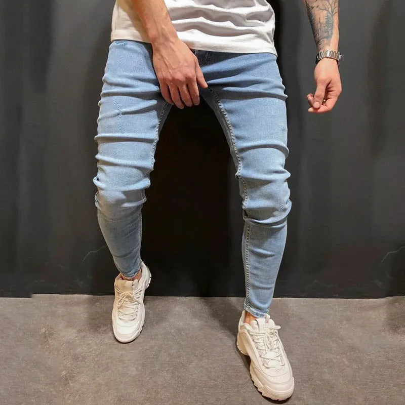 Men blue polyester denim trousers with button placket and mid-waist fit, casual style