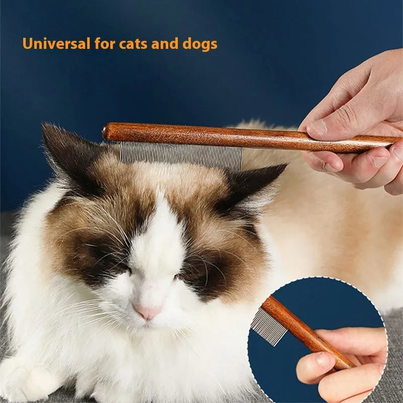 Stainless steel dense tooth flea comb for dogs and cats on a white background