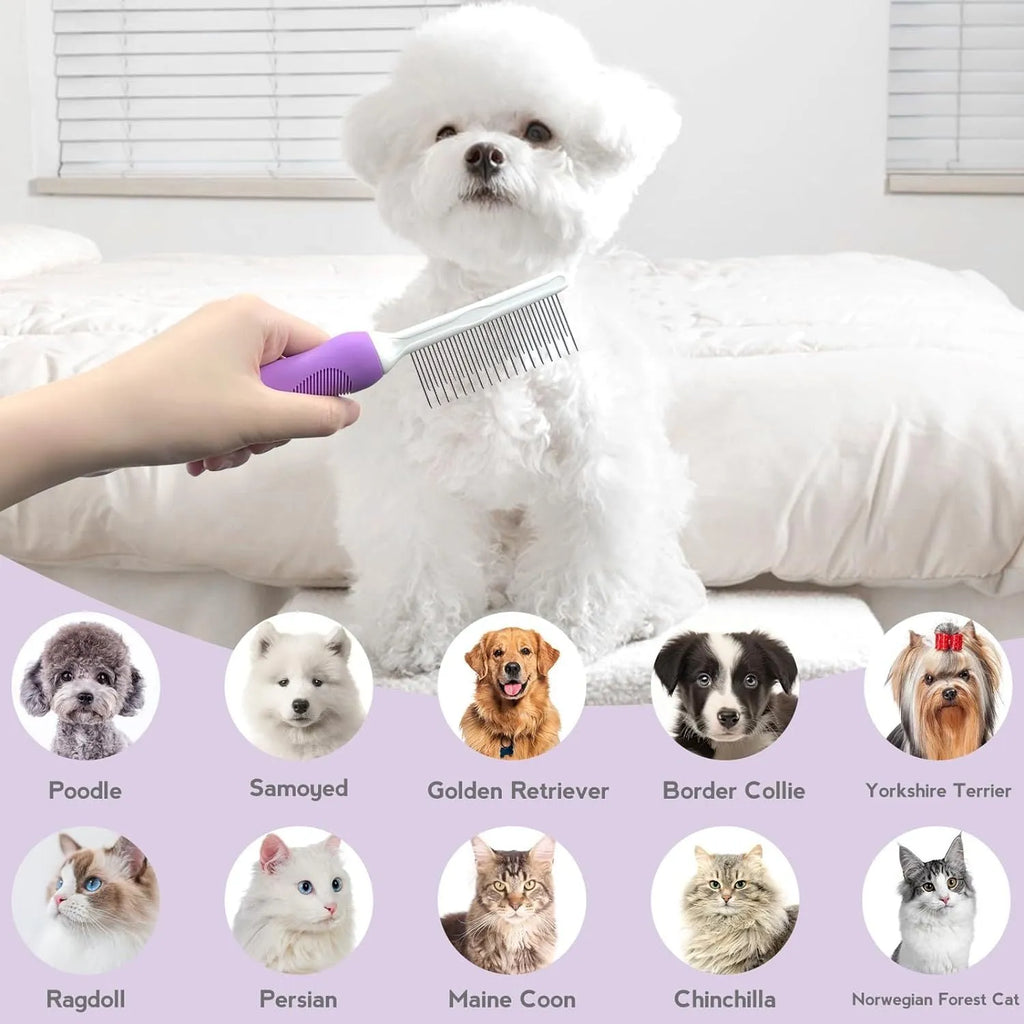 Purple pet detangling comb with stainless steel long and short teeth on an ergonomic handle.