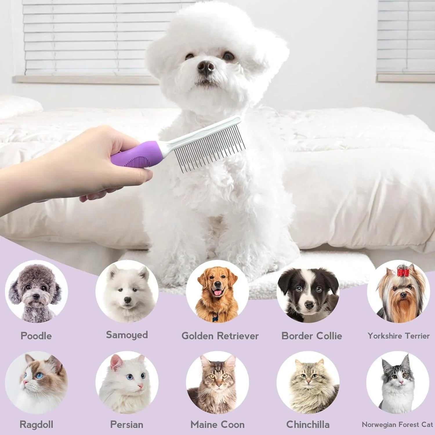 Purple pet detangling comb with stainless steel long and short teeth on an ergonomic handle.