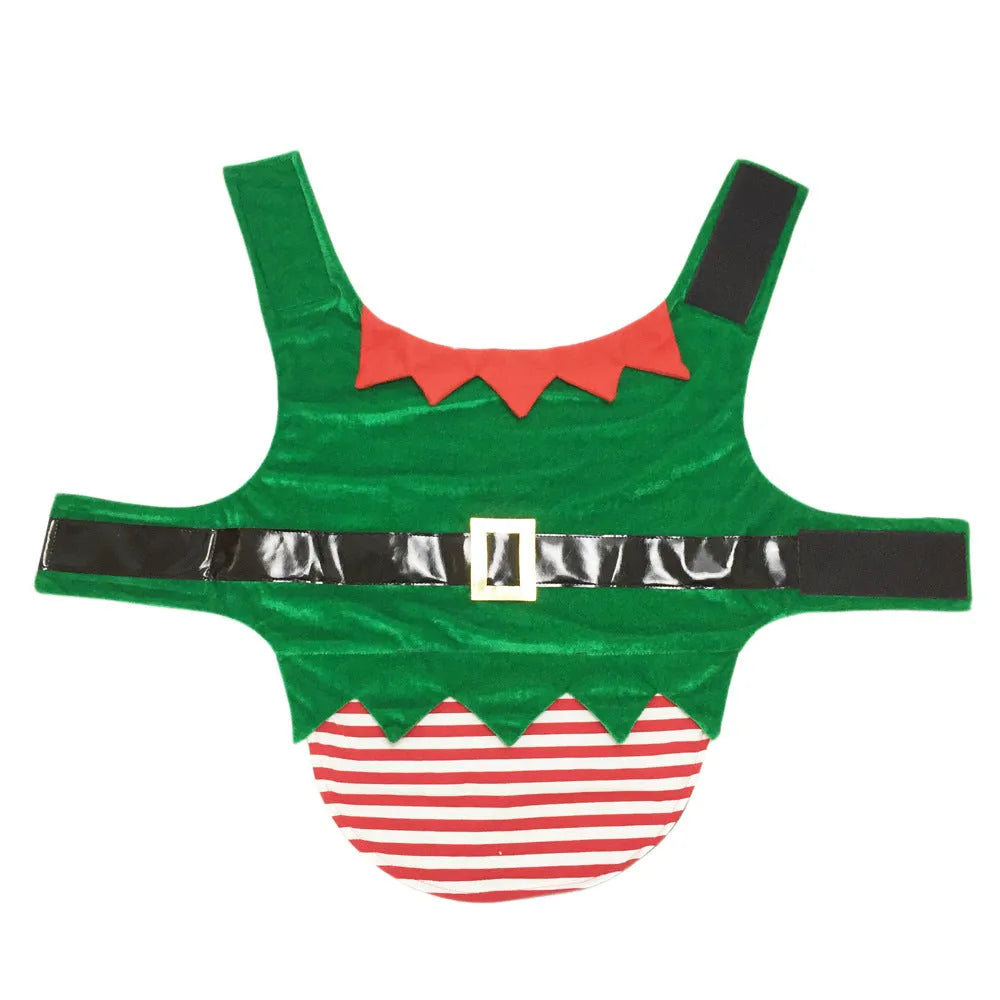 Green elf-style dog Christmas costume on a dog, made from cotton with saddle-shaped design and adjustable bust fastenings.