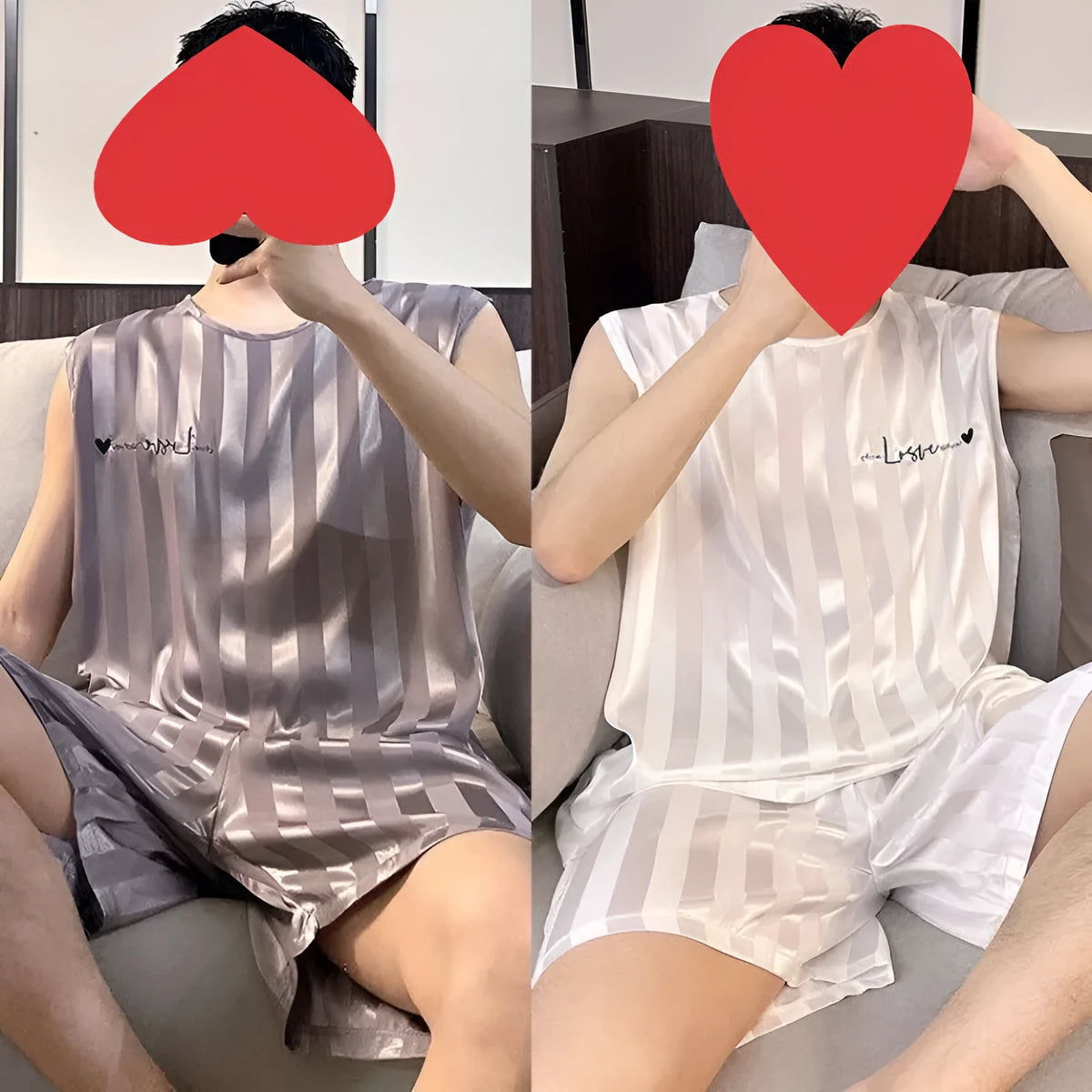 Men's ice silk pyjama set with sleeveless vest and shorts in white, black, or grey.
