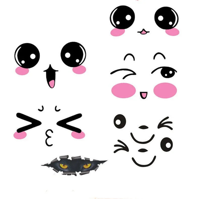 Pair of reflective cartoon eye car stickers on a vehicle rearview mirror and door panel.
