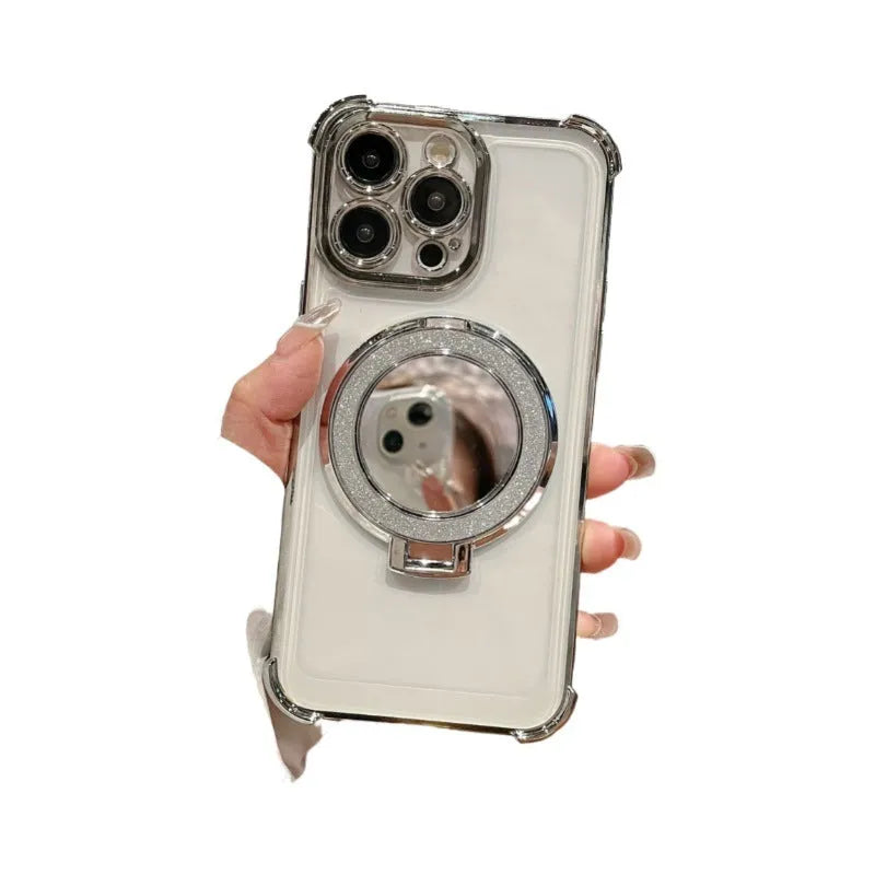 Glitter mirror magnetic bracket phone case for iPhone 16 in black, showing bracket and mirror finish.