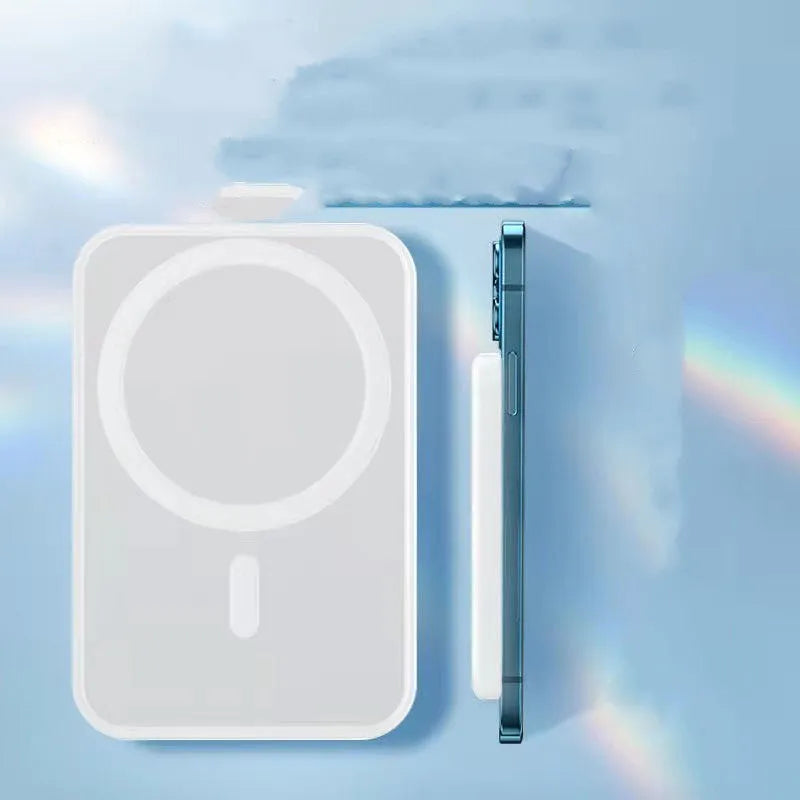White wireless power bank with magnetic charging surface showing 5000mAh capacity label