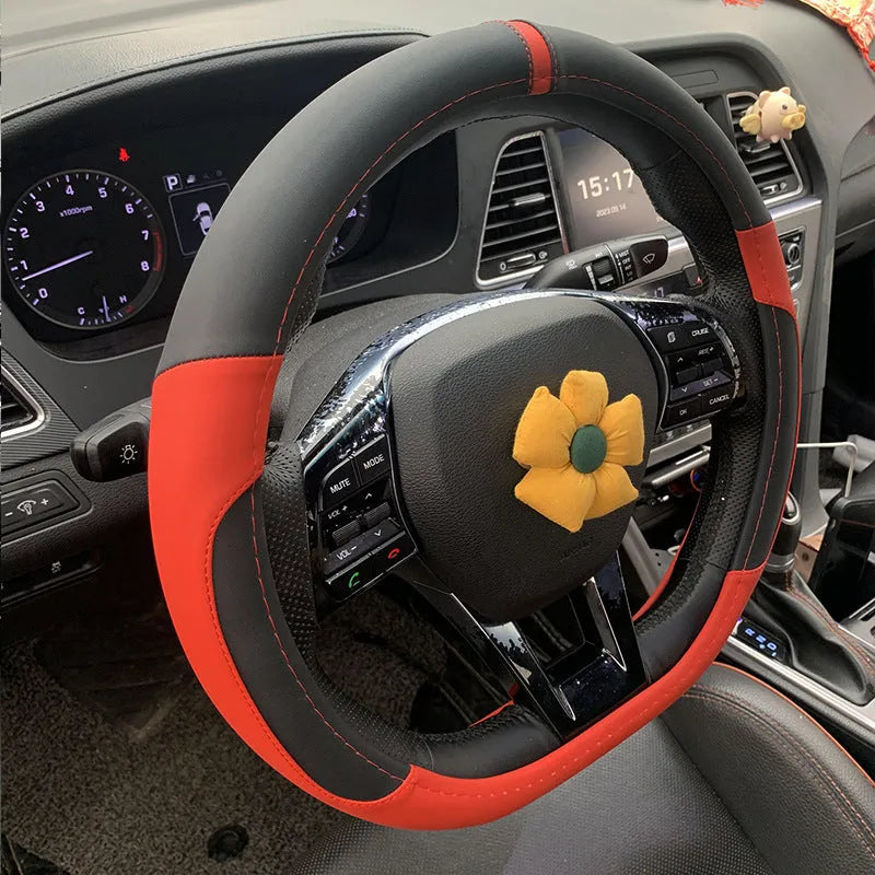 Universal leather steering wheel cover in round and D-shaped styles for 38cm wheels.