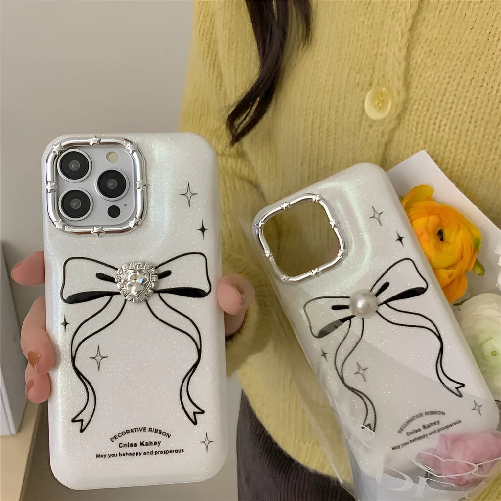 Line bow creative drop-resistant TPU phone case for iPhone in Pearl Bow colour option on white background