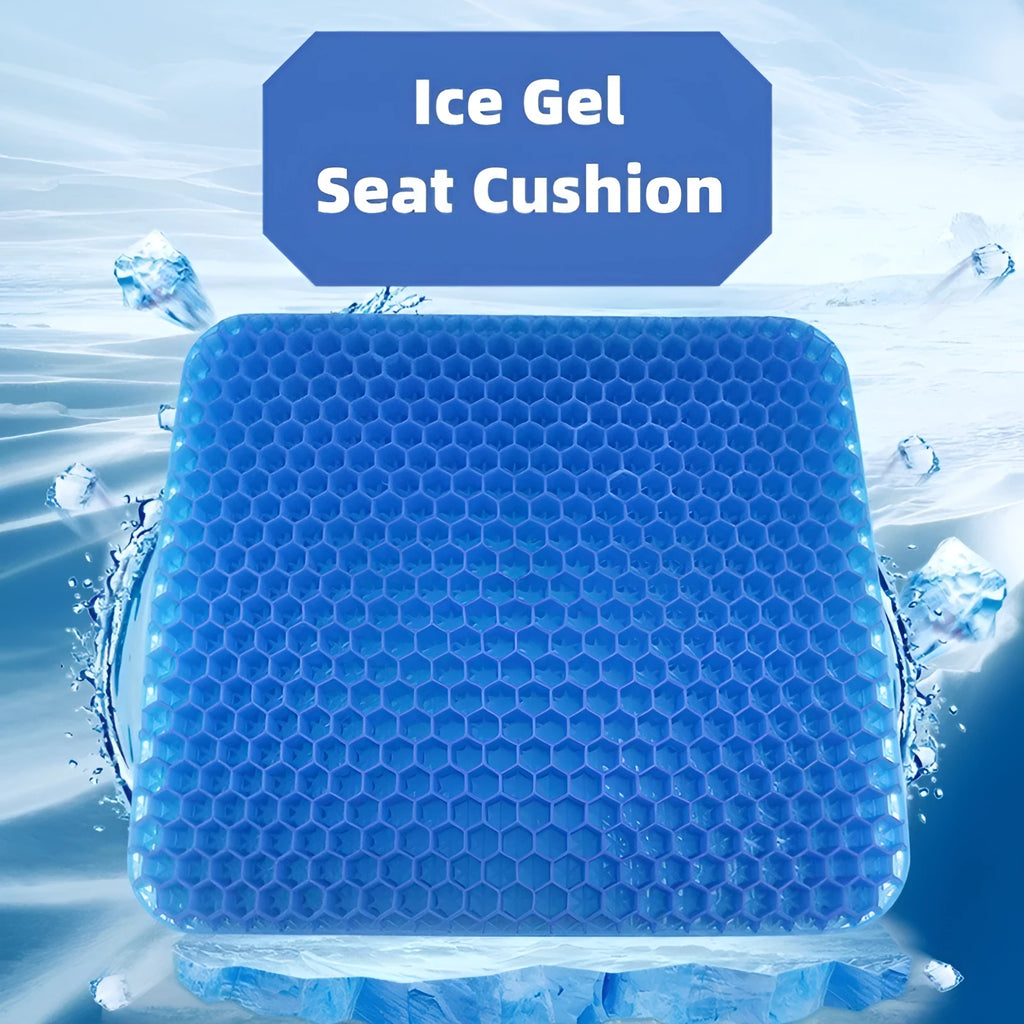 Rectangular gel seat cushion with honeycomb pattern and a solid-colour removable cover.