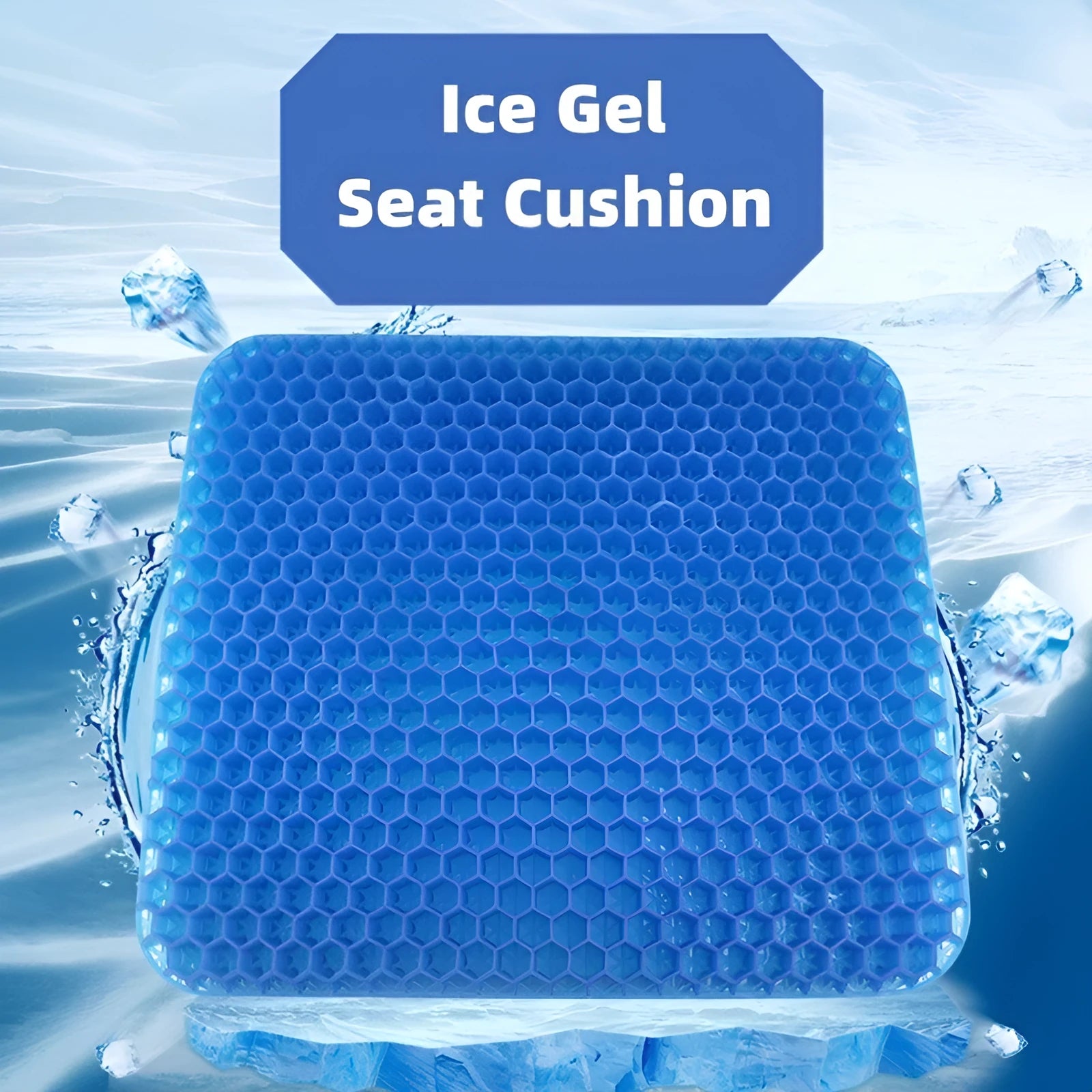 Solid colour gel seat cushion with a honeycomb texture, showing its thickness and removable zippered cover.